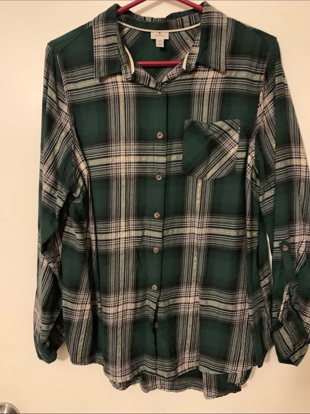 dressbarn Green and White Plaid Button-Down Shirt